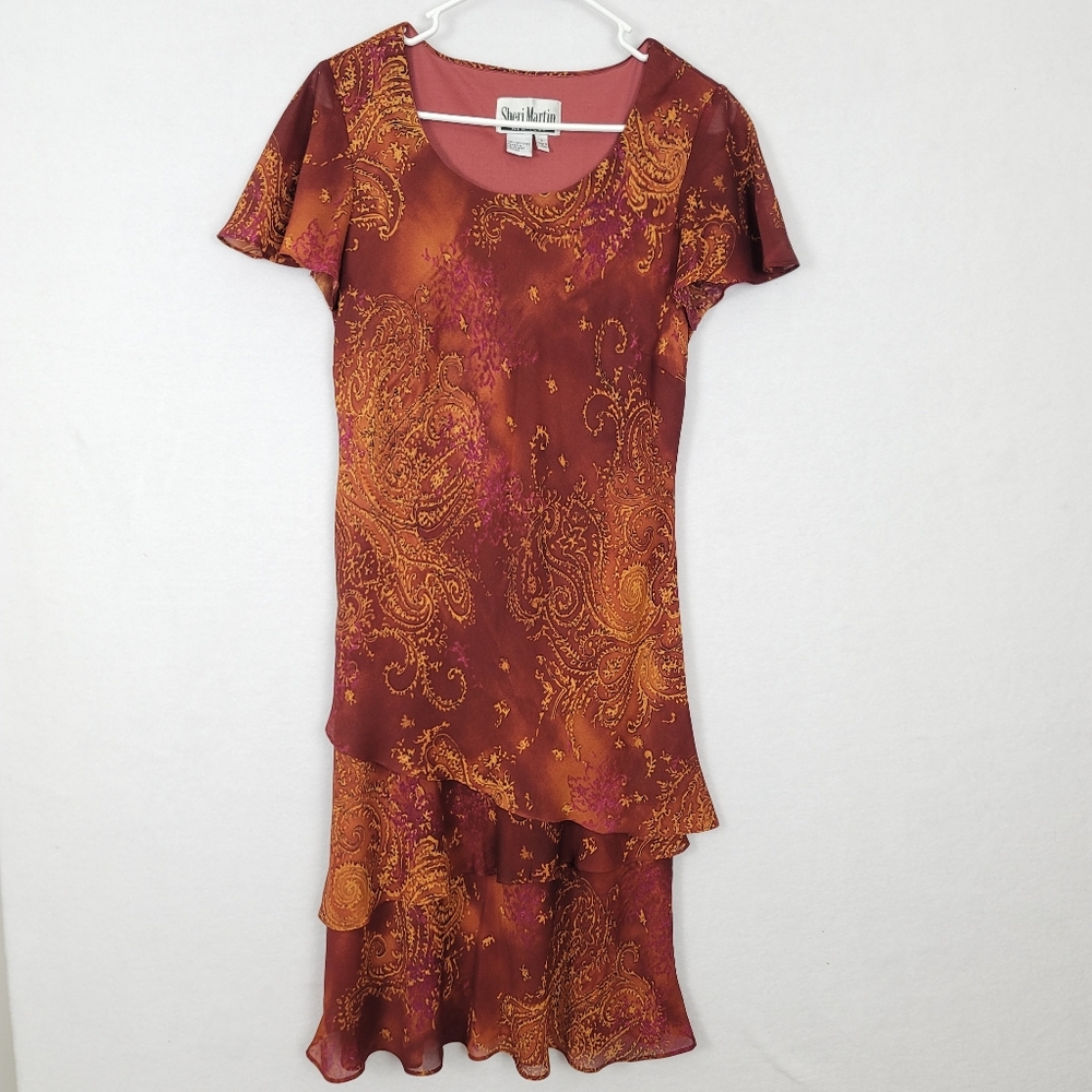 VTG Sheri Martin Sz 8 Midi Tiered Earth Tones Short Sleeve Wood Fairy Dress